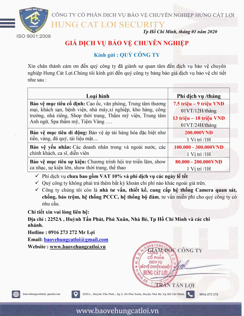 Bảng báo giá dịch vụ bảo vệ chuyên nghiệp tại TP. Hồ Chí Minh - Hưng Cát Lợi
